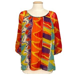 VTG Lola P Womens Top L Colorful Abstract Geometric Chiffon Bold Retro Artsy